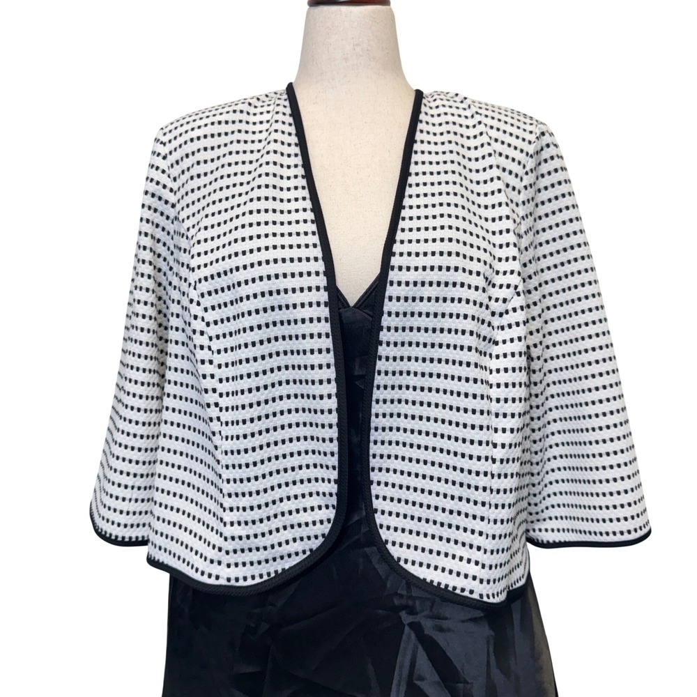 Maya Brooke Open Front Jacket 22W Black White Textured 3/4 Sleeve Office Layers